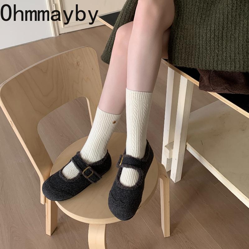 Autumn Winter Vintage Women Fur Lining Mary Jane Shoes Concise Soft Sole Flats Shoes Ladies Comfort Warm Short Plush Snow Shoes