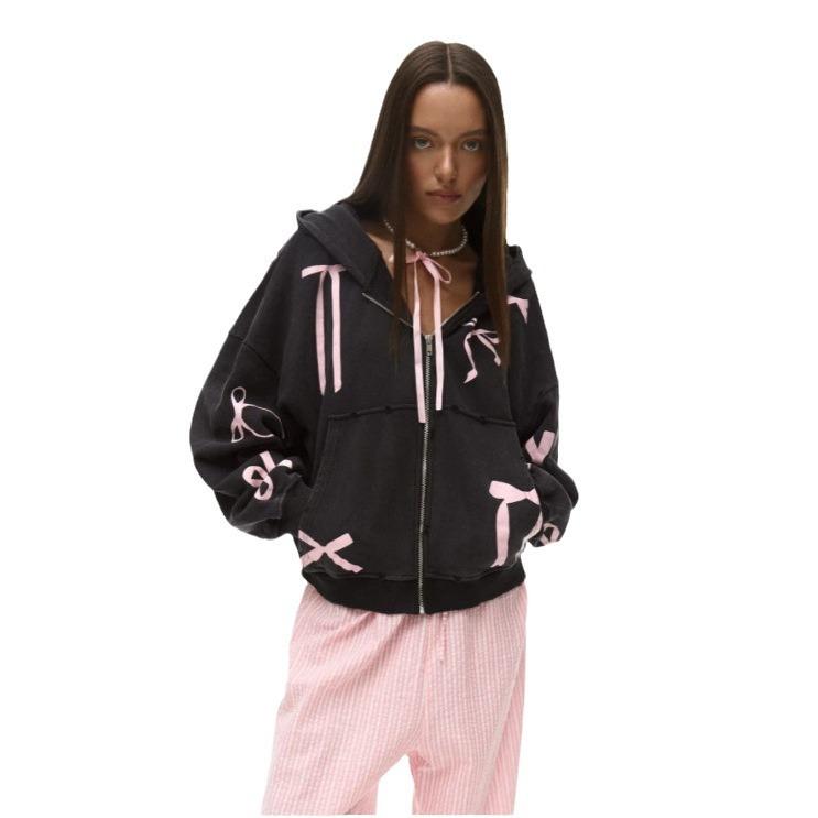 Felpe con cappuccio dolci Y2k con stampa fiocco da donna nere con zip felpe con cappuccio Harajuku Coquette larghe casual carine