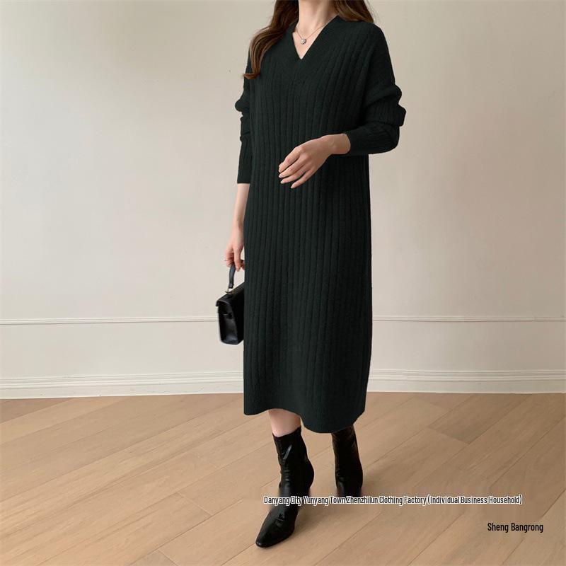 Korean Style V-Neck Knit Dress - Flattering, Mid-Length, Over-the-Knee, Autumn/Winter Women's Fashion
