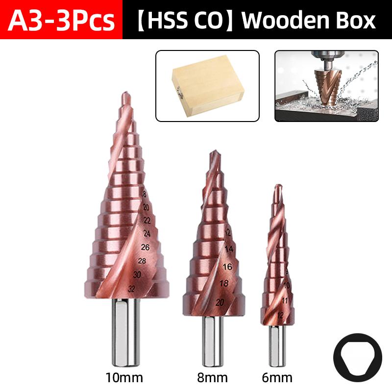 HSS-CO Cobalt Step Drill Bit For Stainless Steel Metal Wood Hole Cutter Spiral Groove Triangle Hex Shank Drilling Tools