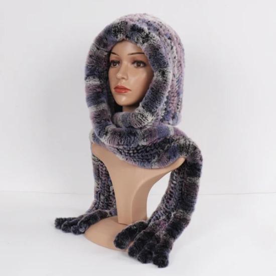 Winter Women Knitted Real Rex Rabbit Fur Hat Scarf Natural Soft Rex Rabbit Fur Hat Lady Warm Genuine Rabbit Fur Cap Scarves