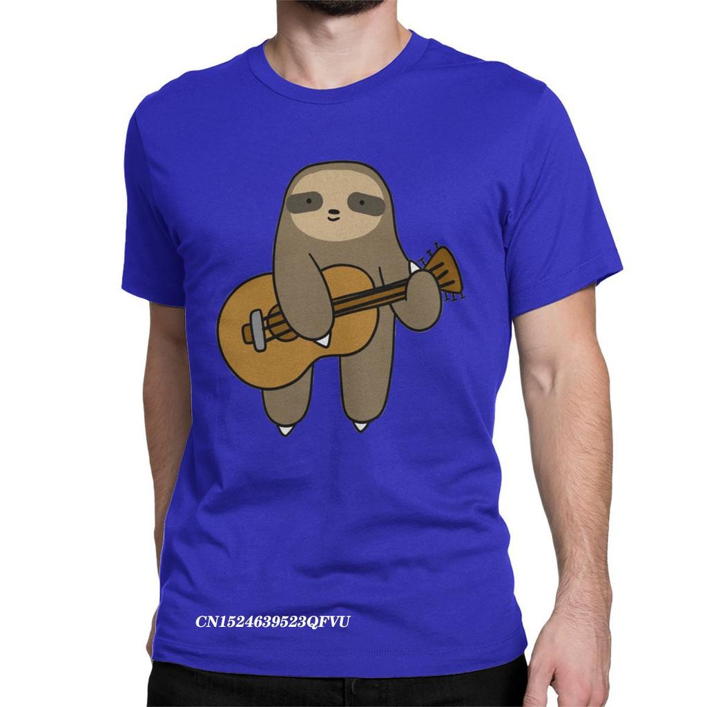 Guitar Sloth Cute Tops T Shirts Mens Cotton Novelty Tee Shirt Round Neck Guitarist Animal Tees Harajuku Tops Gift Idea