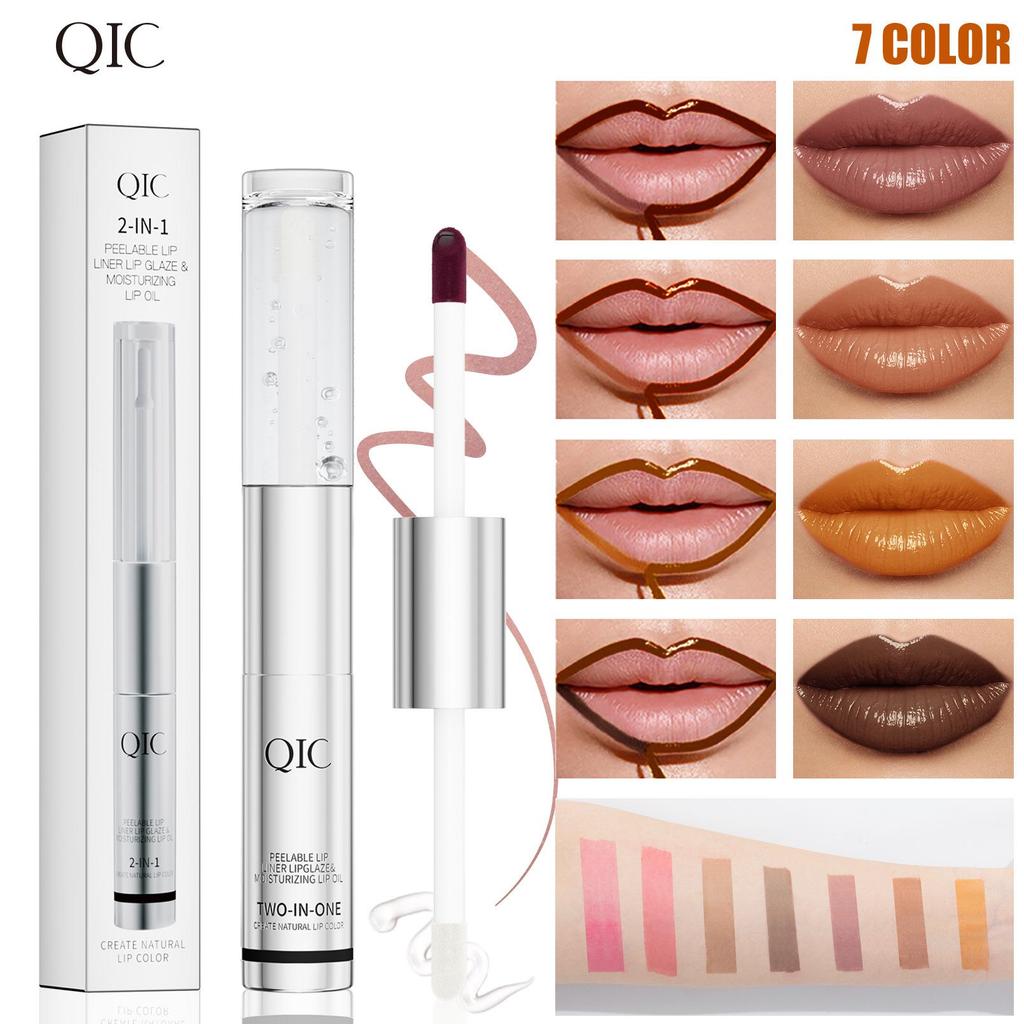 QIC Doppelköpfiges Tear Lip Glaze + Lippenöl Wasserdicht Nicht klebend Tasse Lippenstift 2 in 1 Abziehbarer Lipliner Lippenstift Lippenöl