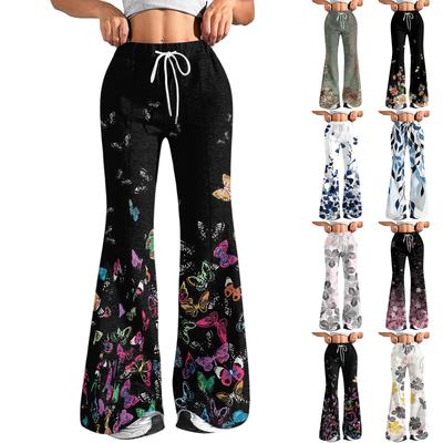 Calças Esportivas Casuais Femininas de Moda Soltas com Cordão na Cintura Estampa Floral Calças Flare Casuais