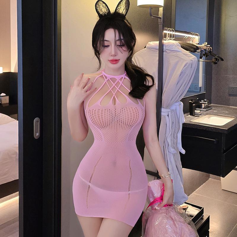 Halterneck see-through mesh hip skirt exposing breasts sexy pure desire seduction buttocks exposed erotic underwear