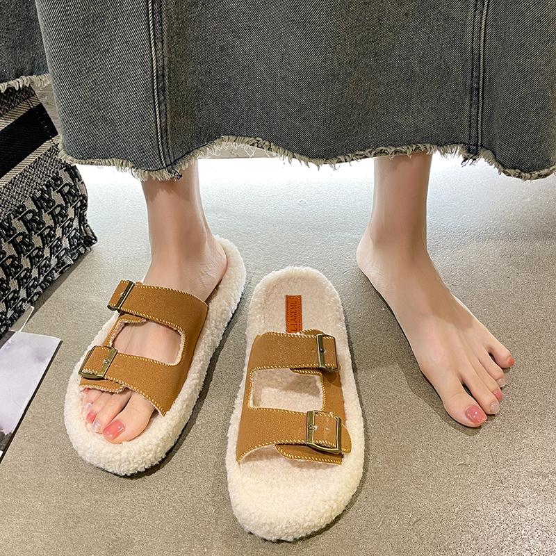 Fashion Women's Slippers Fur Plush Platform Wear Non-slip Slippers Casual Fashion Pin Buckle Roman Flip-flops Winter New Style