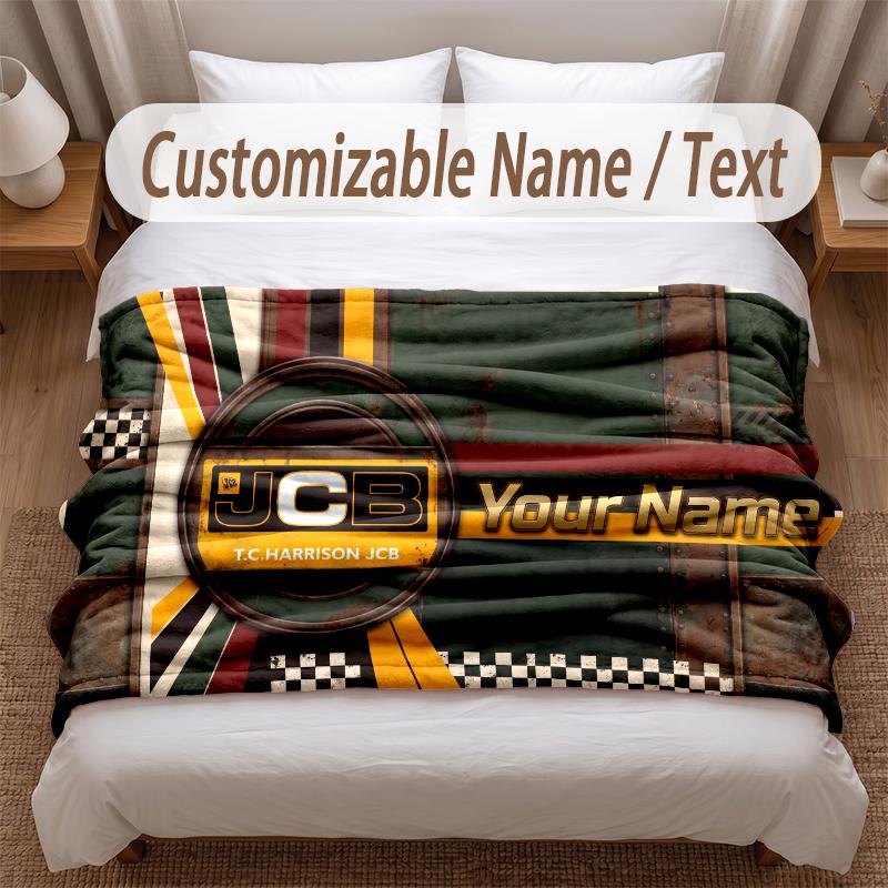 JCB Printed Flannel Blanket Custom Name Text Soft Warm Throw For Bedroom Holiday Gift