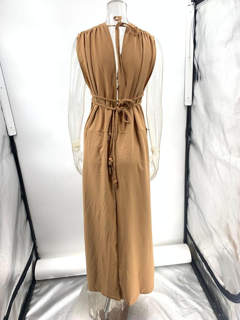 Bohemian Linen Sleeveless Braided Belt Slit Maxi Dress