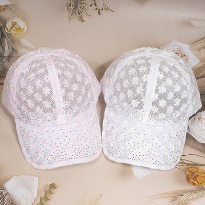 Shiny Rhinestone Lace Flower Baseball Cap Hollow Out Breathable Adjustable Ladies Spring Summer Hats