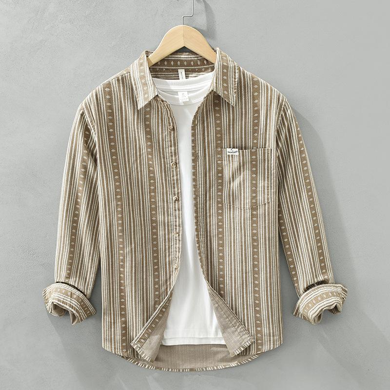 

Весенне-осенняя рубашка с длинным рукавом для мужчин, повседневные рубашки, полосатая рубашка с принтом, японские вельветовые мужские топы, винтажная одежда XXXL абрикосовый
