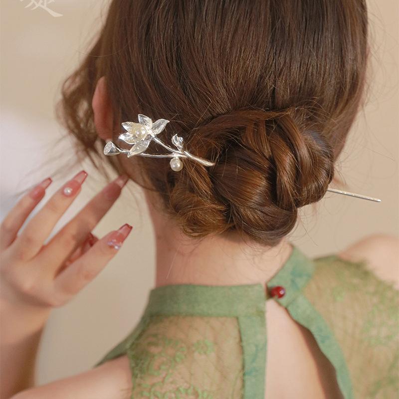 Chinese Style Vintage Hairpin Elegant Flower Vine Jade Stone Hair Stick Hanfu Cheongsam Evening Dress Hair Decor Accessories