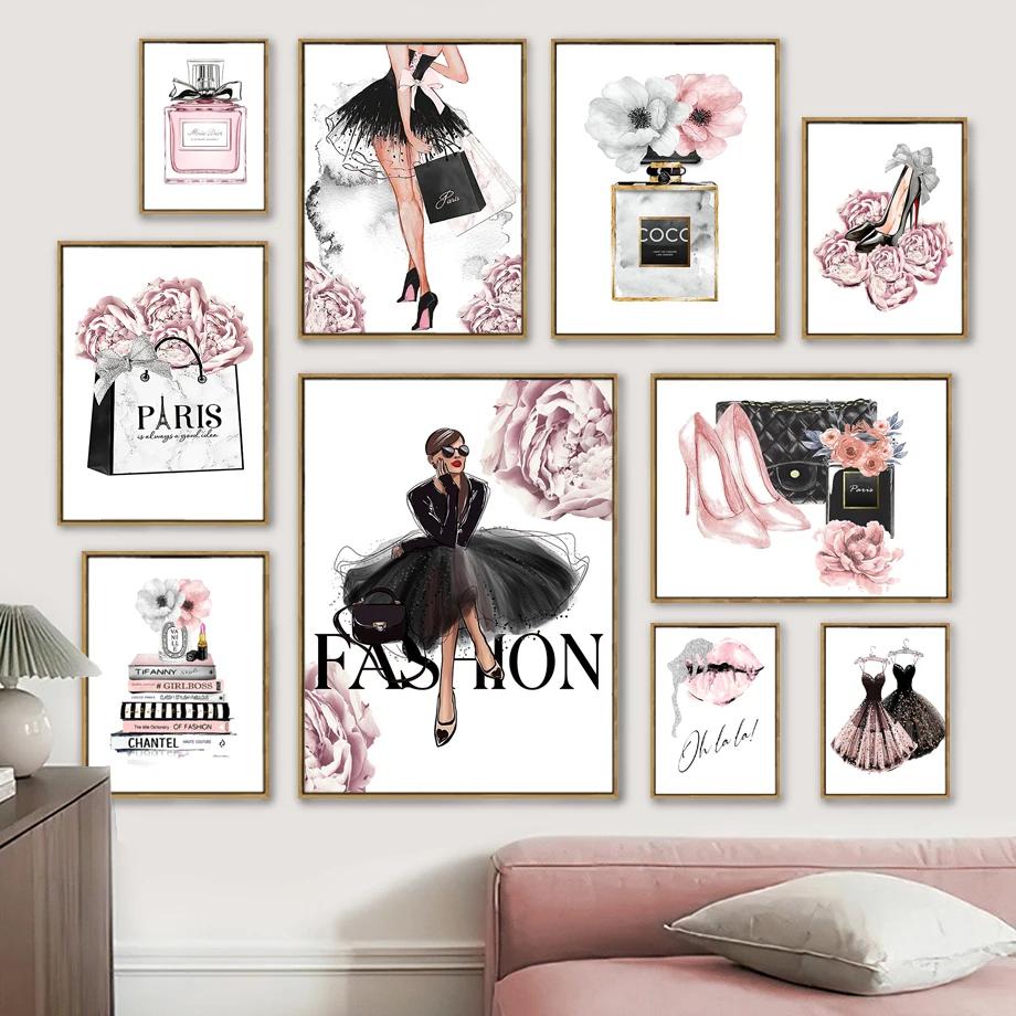 Fashion Woman Perfume Poster Prints Pictures Pink Flower Sexy Lip Make Up Girls Wall Art Canvas Paintings for Nordic Room Decor