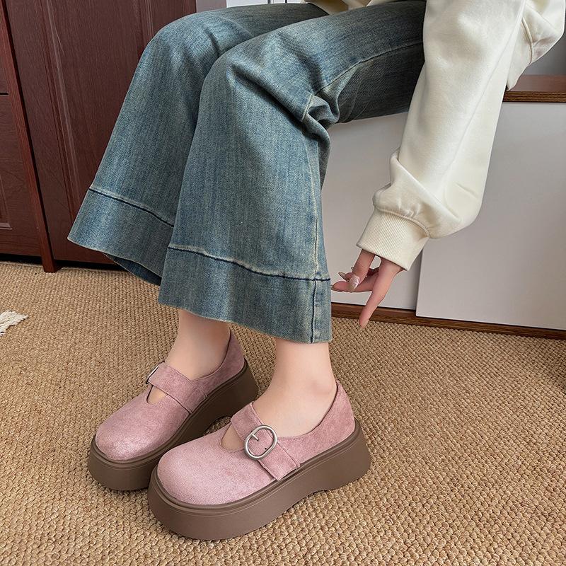 Round Head Brown Retro Platform Small Leather Shoes Women's 2025 New Spring and Autumn Skirt Heightening French Mary Jane Single Shoes