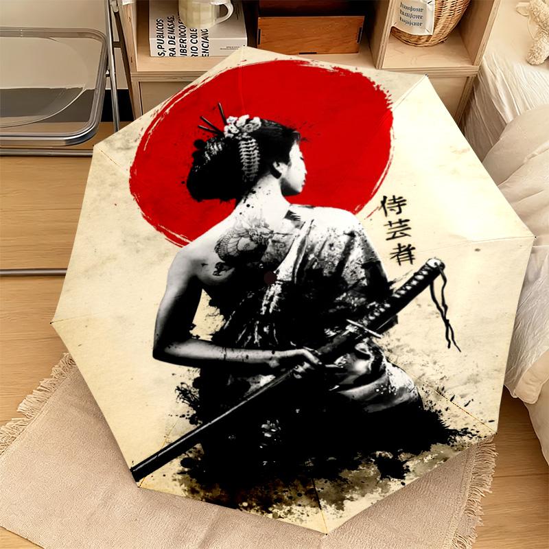 1PC Samurai Sunset Blossoms Automatic Umbrella - Suitable Travel Outdoor Portable Umbrella Birthday Gift Daily Essentials