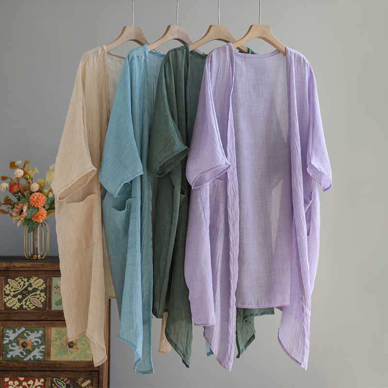 

Summer Ultrathin Cardigan Loose Half Sleeve Pockets Design Irregular Hem Open Front Sunscreen Women Shawl Coat XXL абрикосовий