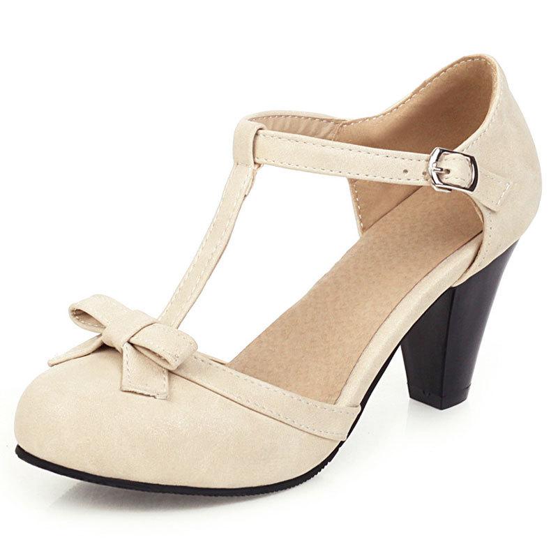 Duży Rozmiar 32-48 Damskie Czółenka typu T Wycinane Sandały Dziewczęce Wysokie Obcasy Kokardy Damskie Wysokie Obcasy Okrągły Nosek Buty na Imprezę Ślubne