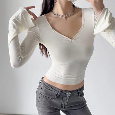 Super Soft Pure Wish Clothing Bottom Shirt V-Neck Elastic Slim Body Long Sleeve T-Shirt Top