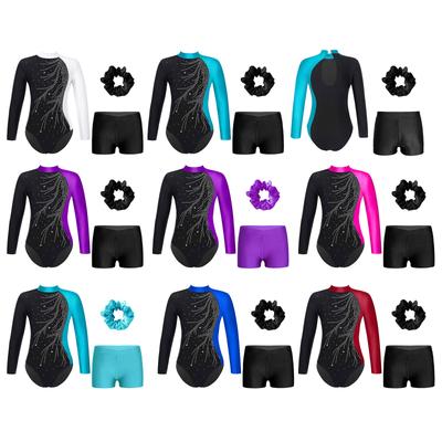 Mädchen Kinder Gymnastikanzug mit glitzernden Strasssteinen Langarm Tanzbody Unitard mit Shorts und Kopfbedeckung