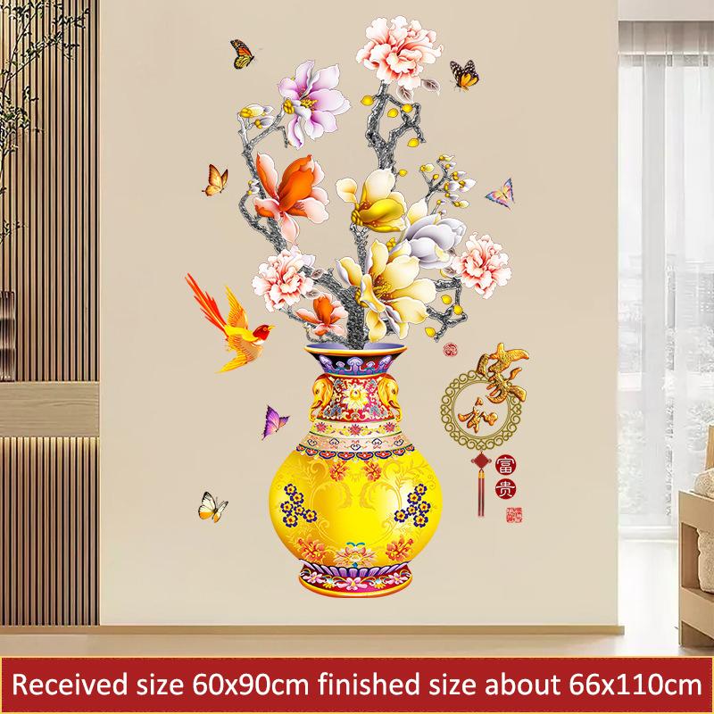 Chinese Style Peony Flower Vase Wall Sticker for Bedroom Living Room Self Adhesive Vinyl Wall Art Removable TV Background Decoration Home Decor