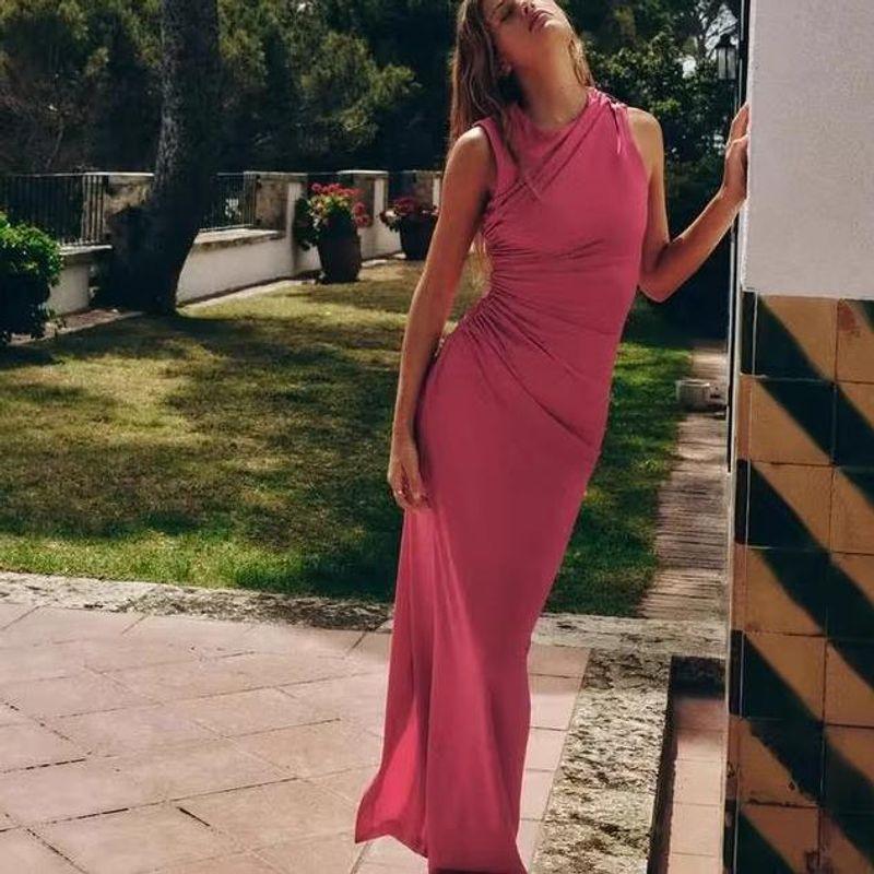 Spring New Women's Clothing Fashion Style round Neck Sleeveless Ruched Silk Net Long Midi Skirt Dress 8312536