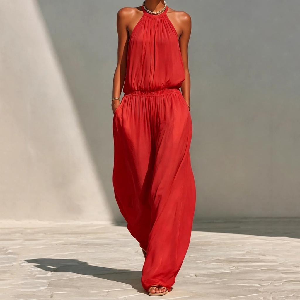 Women's Neck Loose Wide Leg Jumpsuit Vacation Beach Casual Romper for Summer
