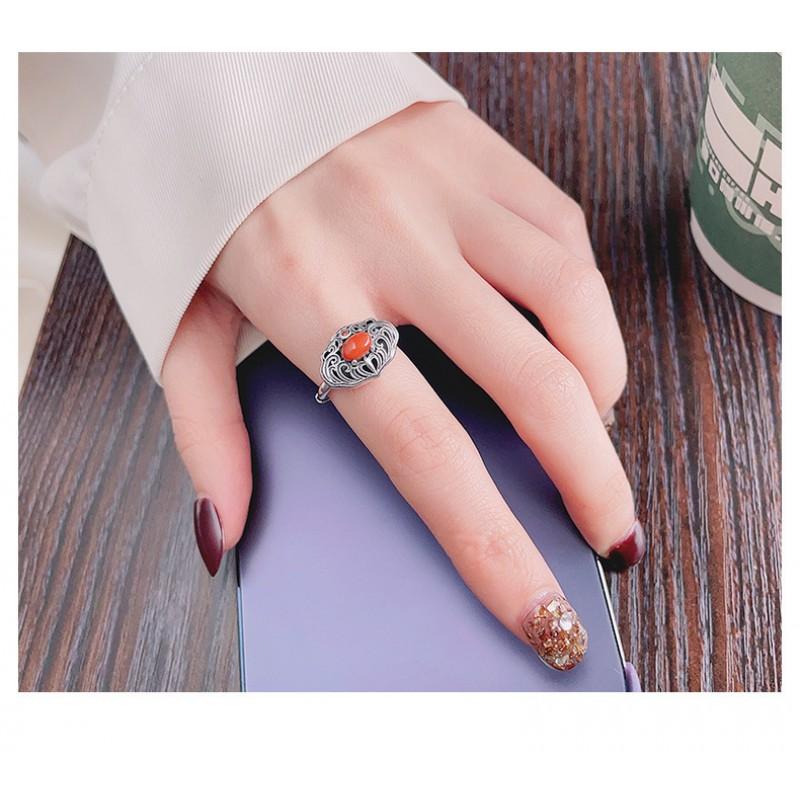 Adjustable Open Ring Men Women Vintage Bohemian Style With Filigree Cutout Design Red Agate Inlay Copper Base Retro