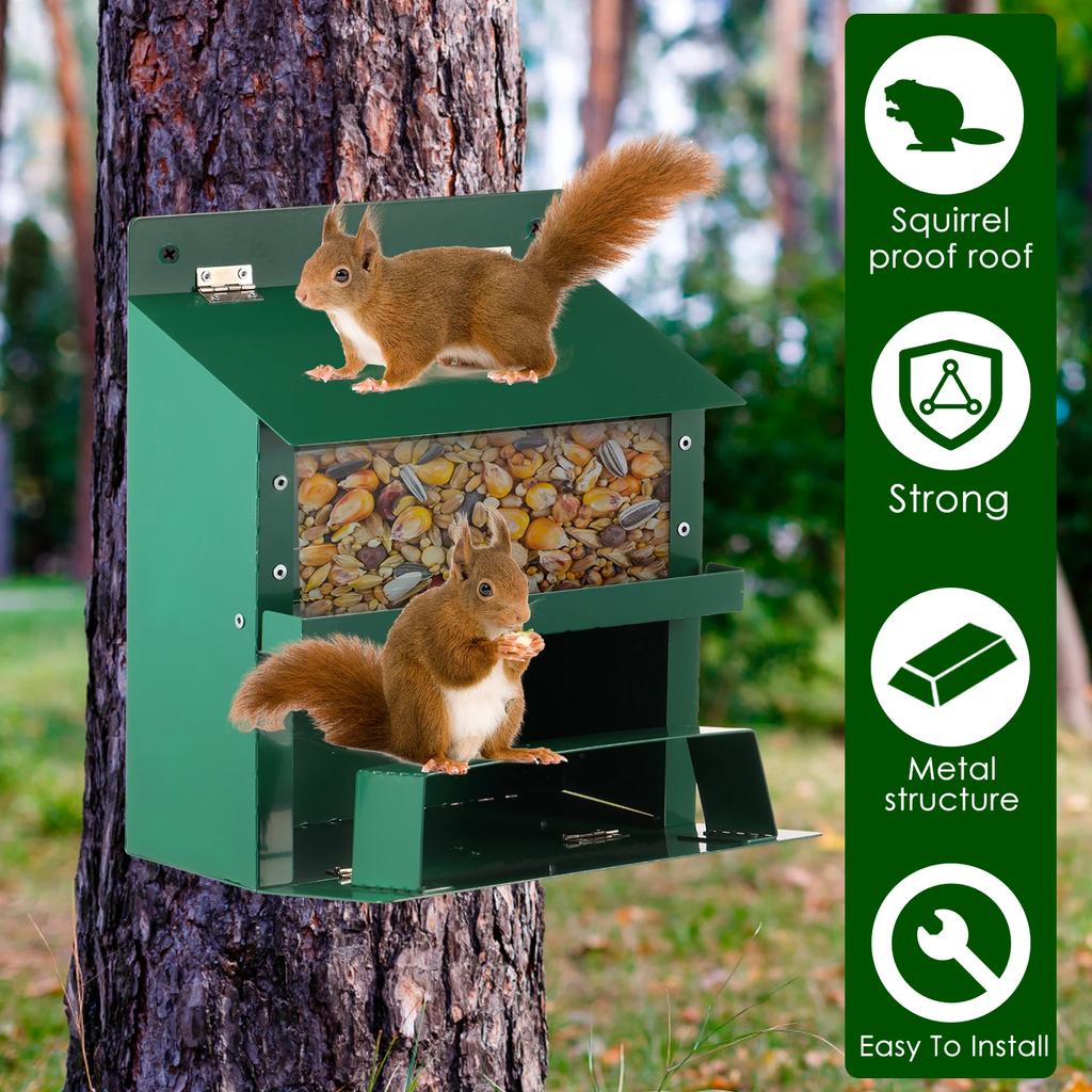 Metal Squirrel Feeder with Transparent Bin Roof Feeders for Outdoor Garden Backyard Sturdy Food Containers Squirrel Feeder House