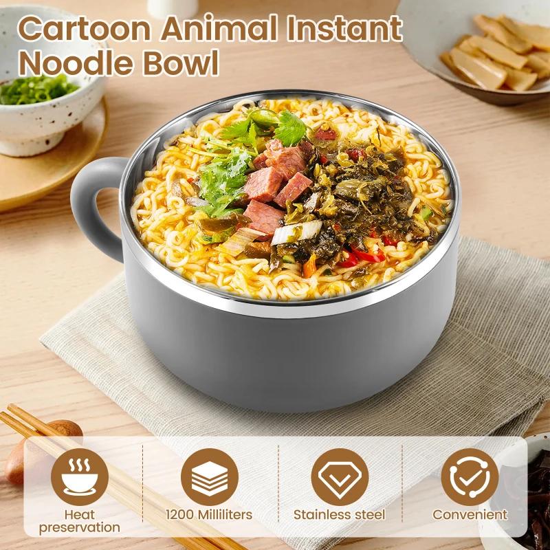 Stal nierdzewna Miska do ramenu z pokrywką, 1200 ml, styl Ins, przenośny garnek do gotowania makaronu, filtr, pudełko na lunch do biura, szkoły, kuchni