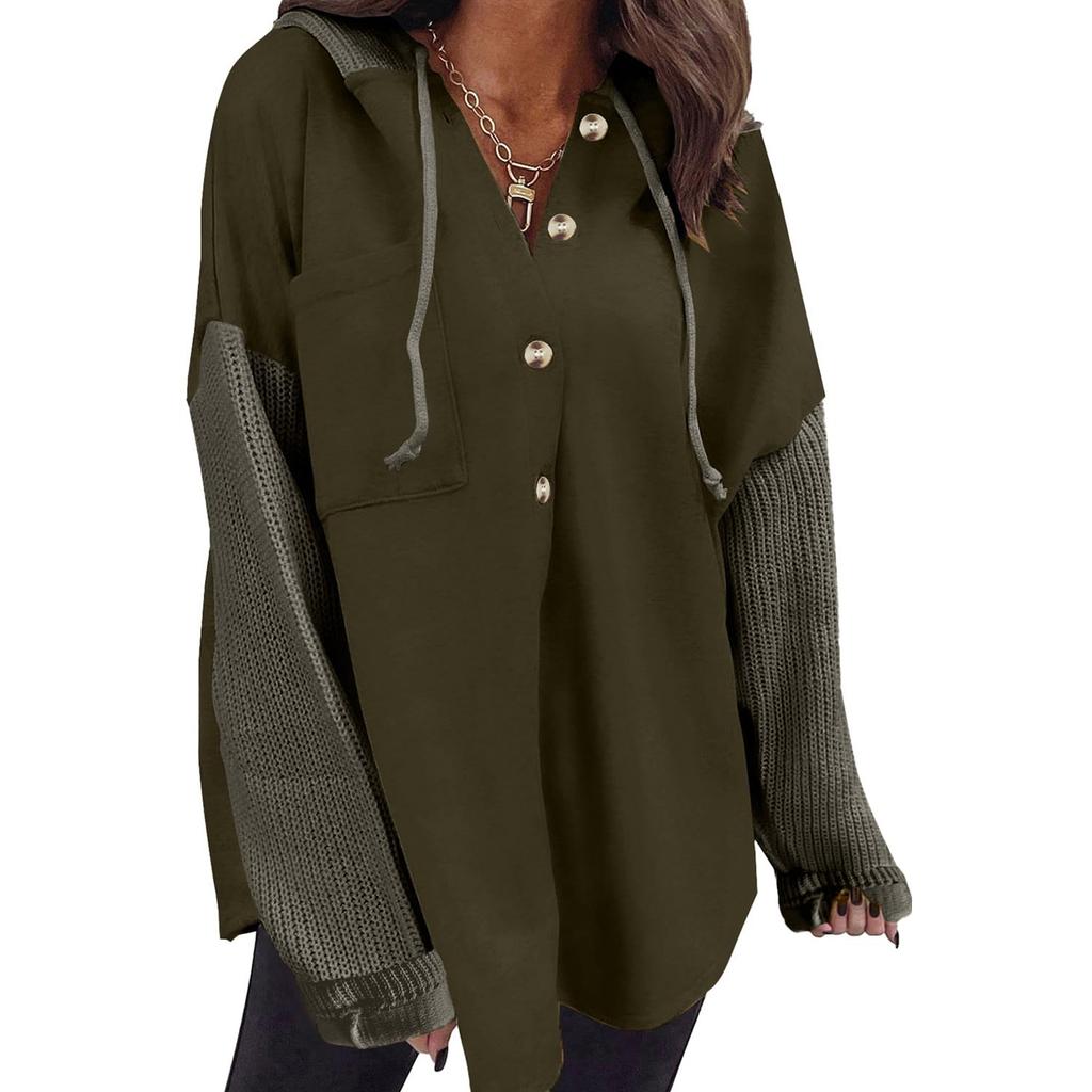 Women's Oversized Casual Long-Sleeve Button-Up Hoodie Knit Patchwork Hoodie With Pockets