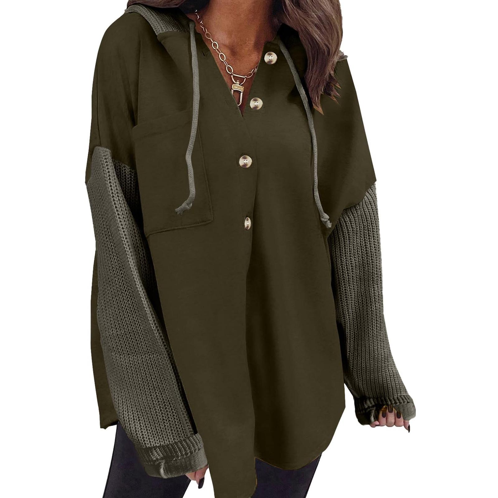 

Women s Oversized Casual Long-Sleeve Button-Up Hoodie Knit Patchwork Hoodie With Pockets L