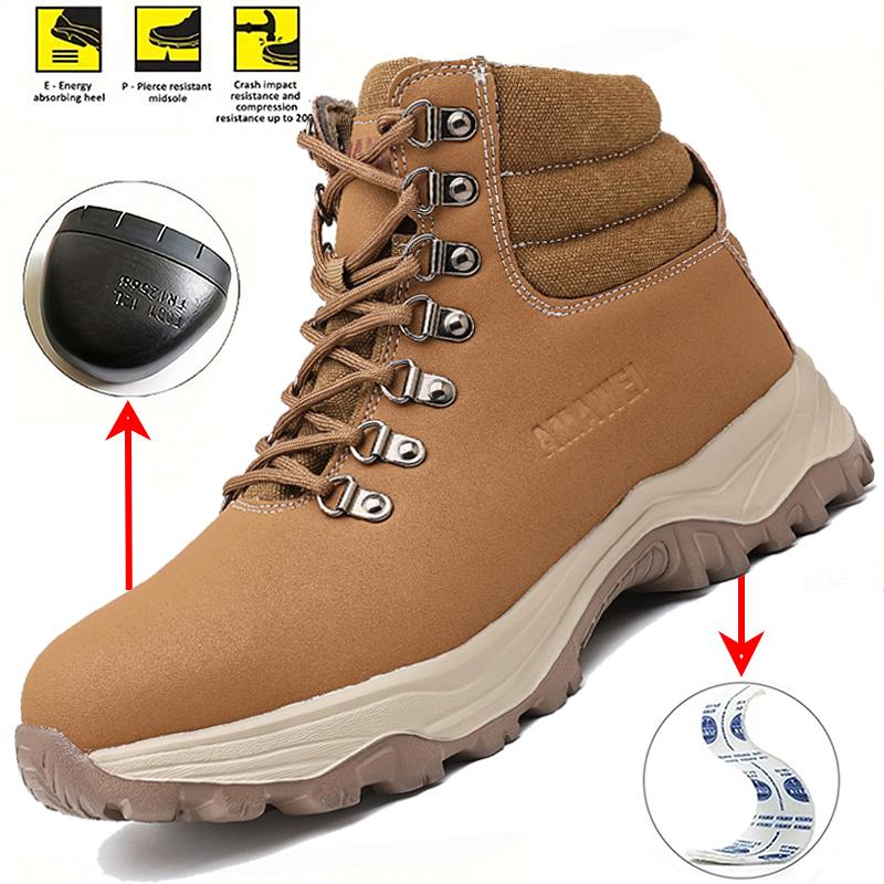 Men's Steel Toe Work Boots Waterproof Safety Shoes Anti-Smash Anti-Puncture Construction Footwear Durable Outdoor Hiking Shoes