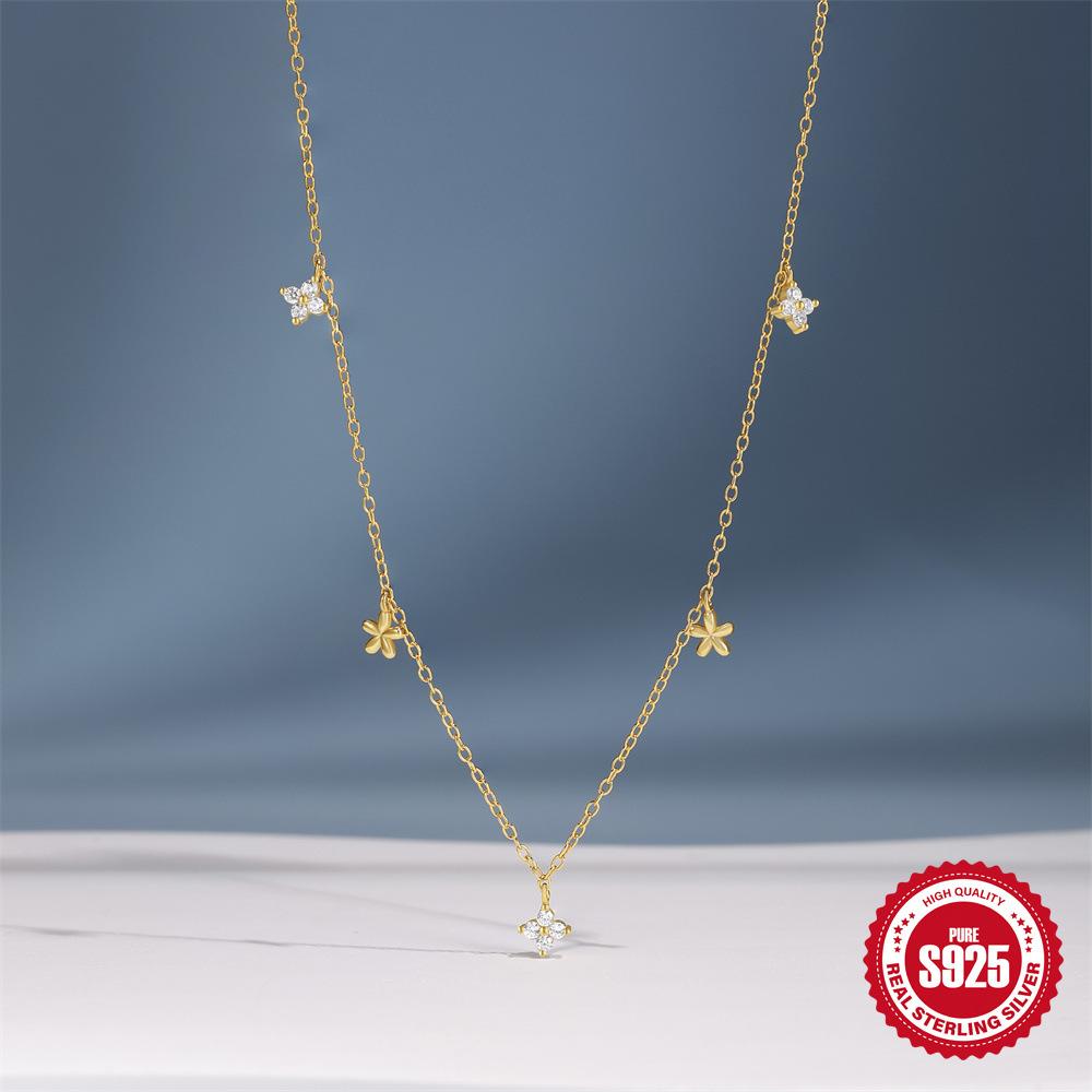 Fashion S925 Sterling Silver Flower Four-Petal Flower With Diamonds Stacked Women'S Clavicle Necklace
