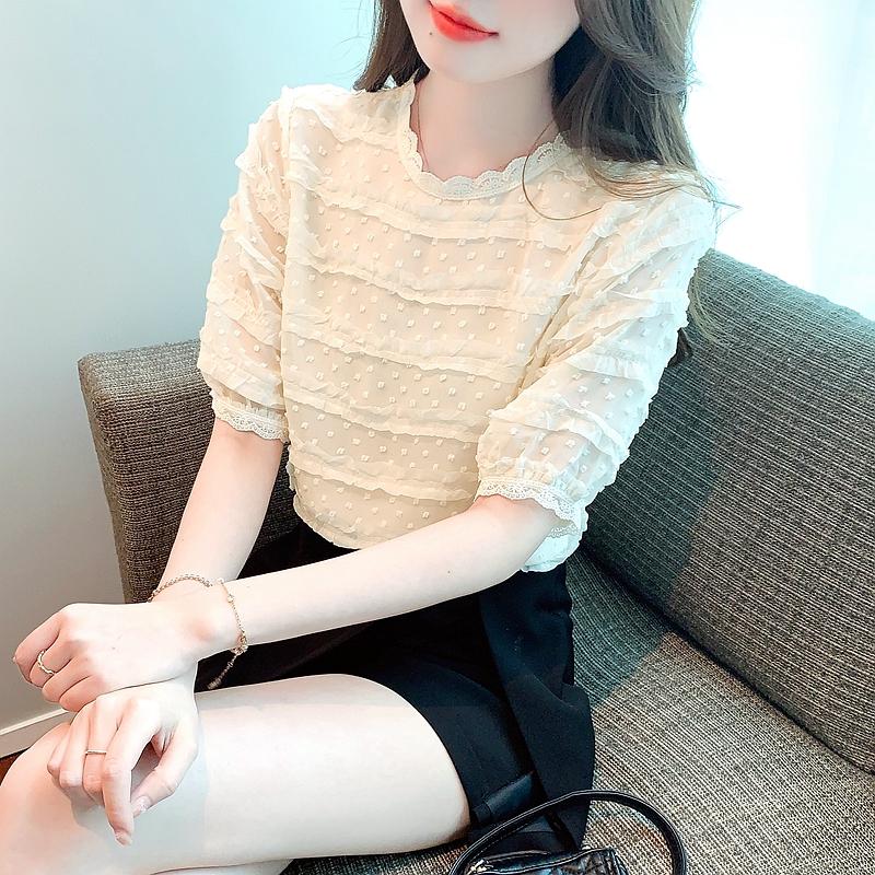 Solid Puff Sleeve Ruffled Lace Shirt Woman Round Neck Elegant Chiffon Blouse Women Slim Fit Sweet Casual Blouses Lady Tops 24191