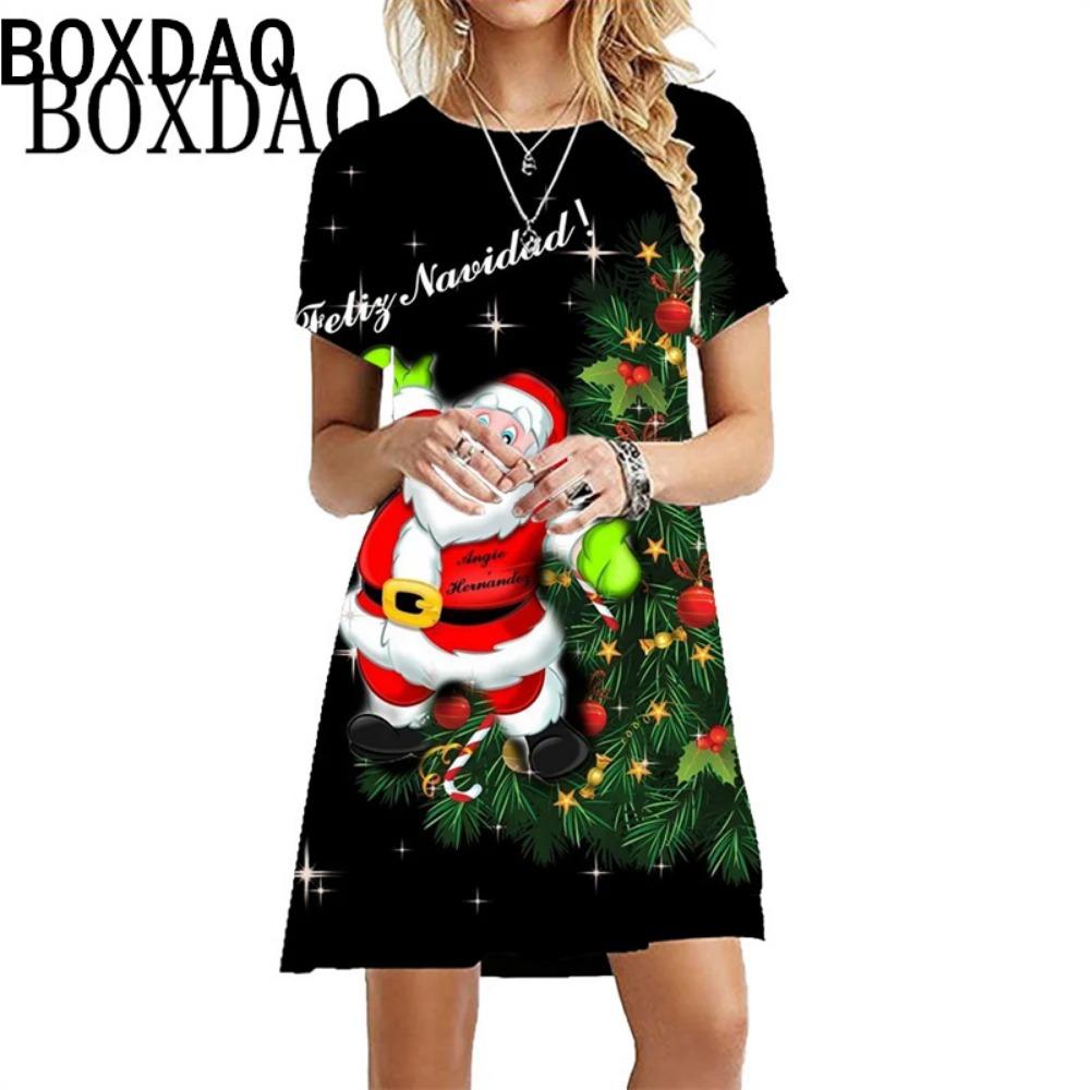 Christmas Deer Print Dress Female Cute Sweet Santa Casual Party Dress Summer Short-sleeved Loose Mini Dress