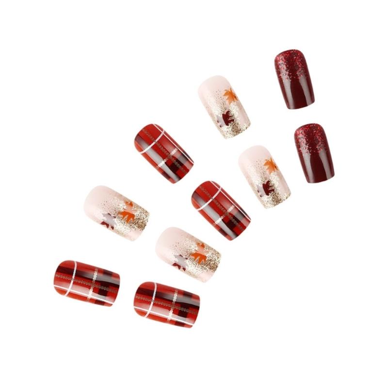 Thanksgiving Fall Press on Nails Medium Square False Nails Maple Leaf Orange Glitters Strips Acrylic Nails Stick on Nail