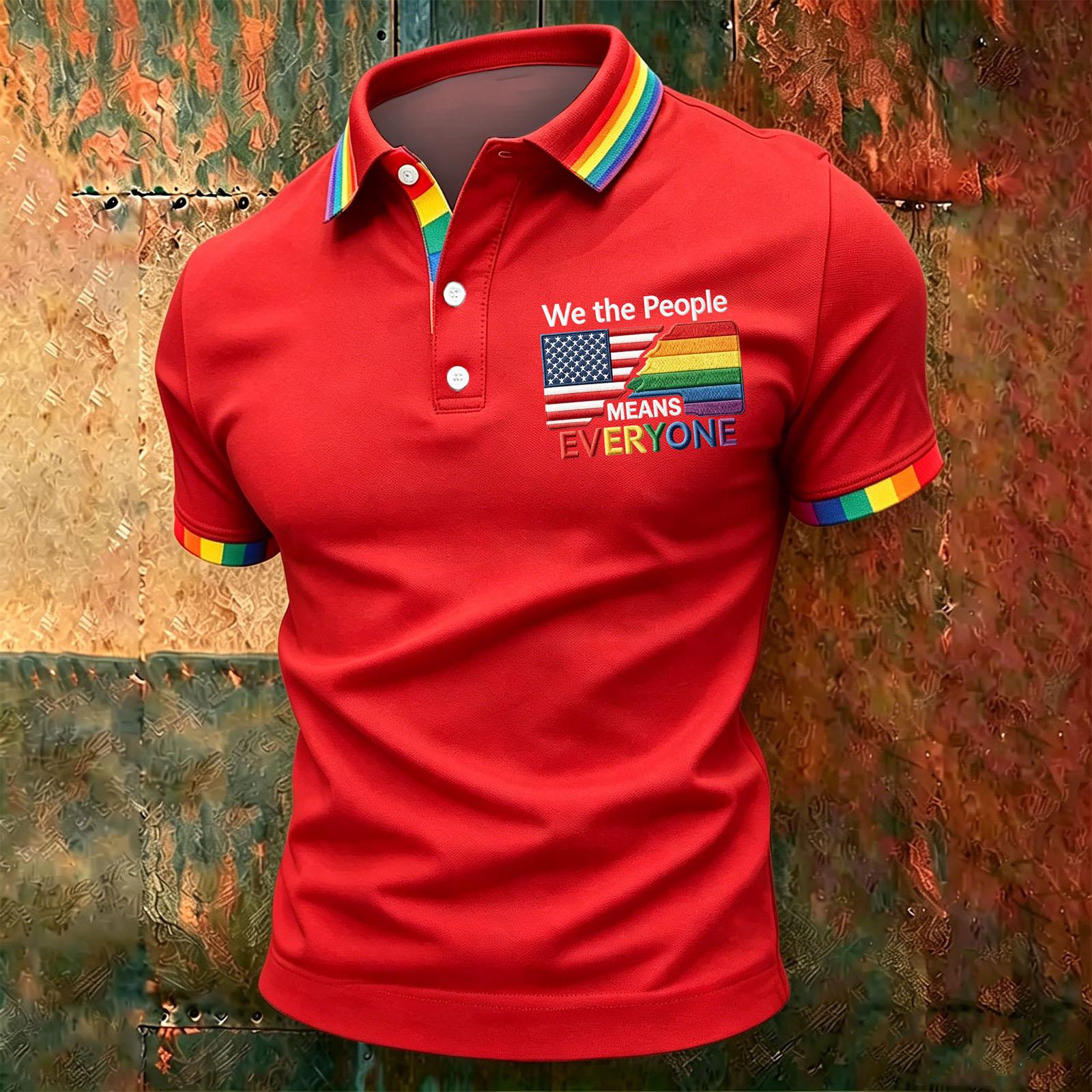 Men s Casual Gradient Polo Shirt Short Sleeve Button Down Shirt with Embroidered Patch Lettering We the People Means Everyone S