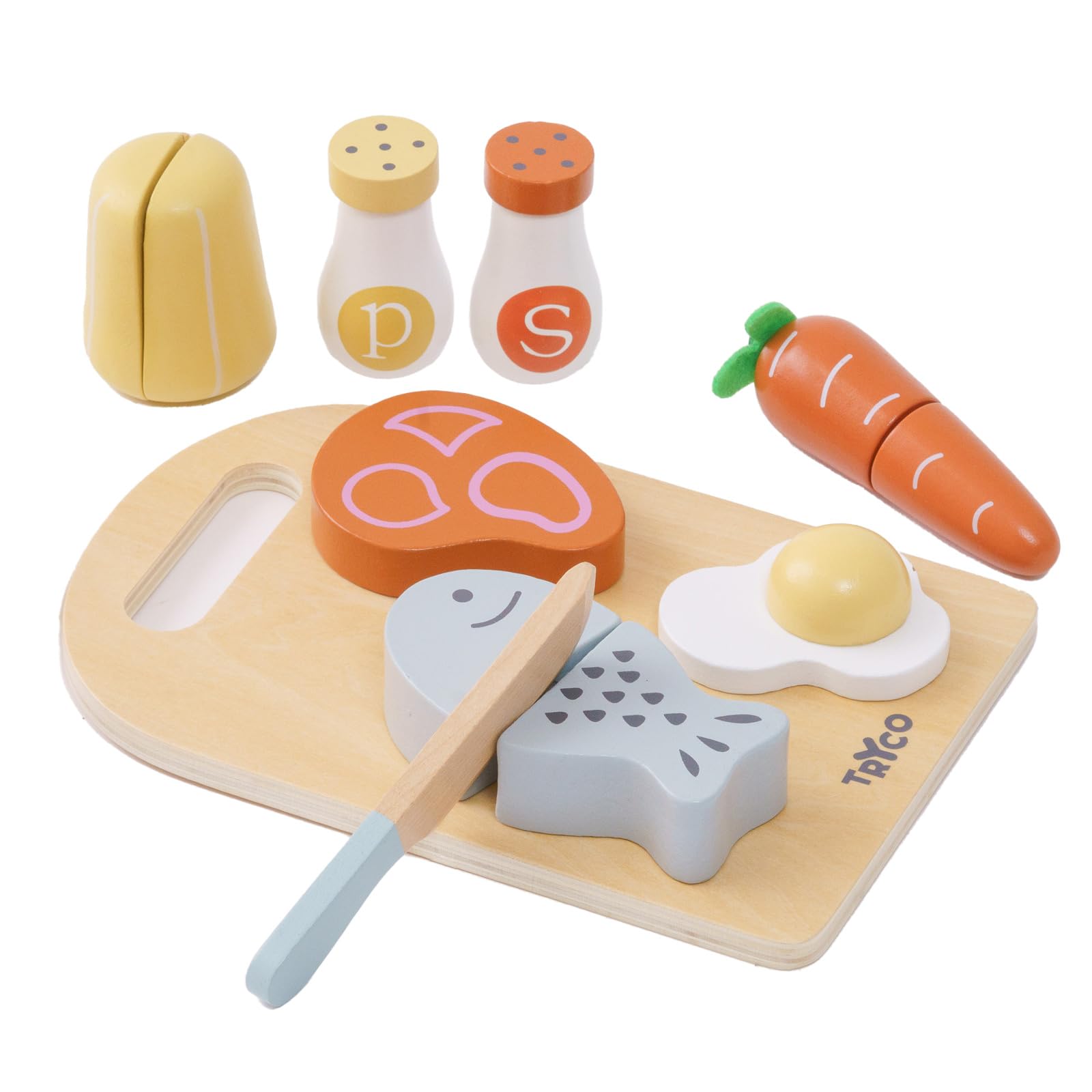 Edute Pretend Play Kitchen Set: Cutting with a Knife - Expands Imagination and Social Skills - TRYCO Wooden Food Set, 16 Pieces - Pretend Play,
