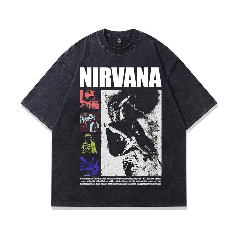 High Street Vintage Washed Vintage T-Shirt American Vintage Band Print Large Version Short Sleeve T-Shirt Men And Women