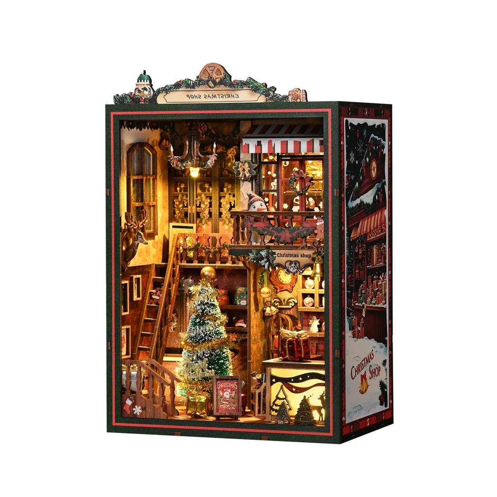 CRESYMME Miniature House Dollhouse Book Nook Wooden DIY 3D Hobby Handmade Gift Kit, (Christmas Shop)