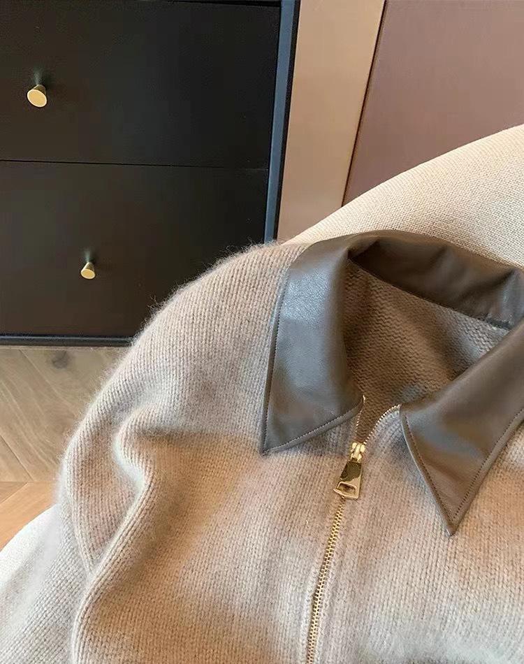 Evropský kožený svetr na zip s polo límečkem 2023: Podzimní/zimní pletený kardigan pro ženy