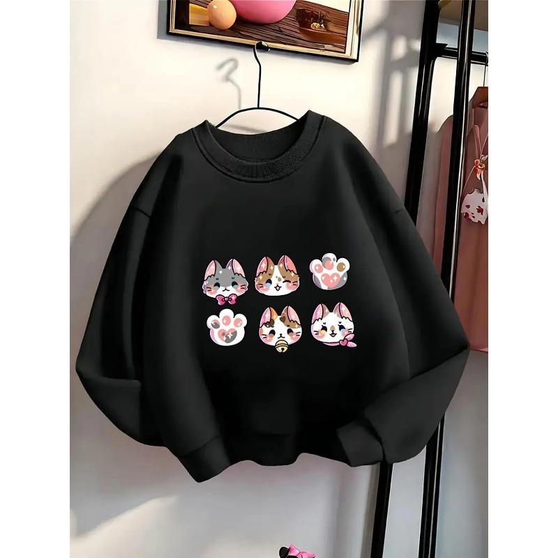 European sizes Girls' Crewneck Sweatshirt - Cute Cat Faces And Paws Pattern, Sportswear And Casual Wear, Soft And Comfortable
