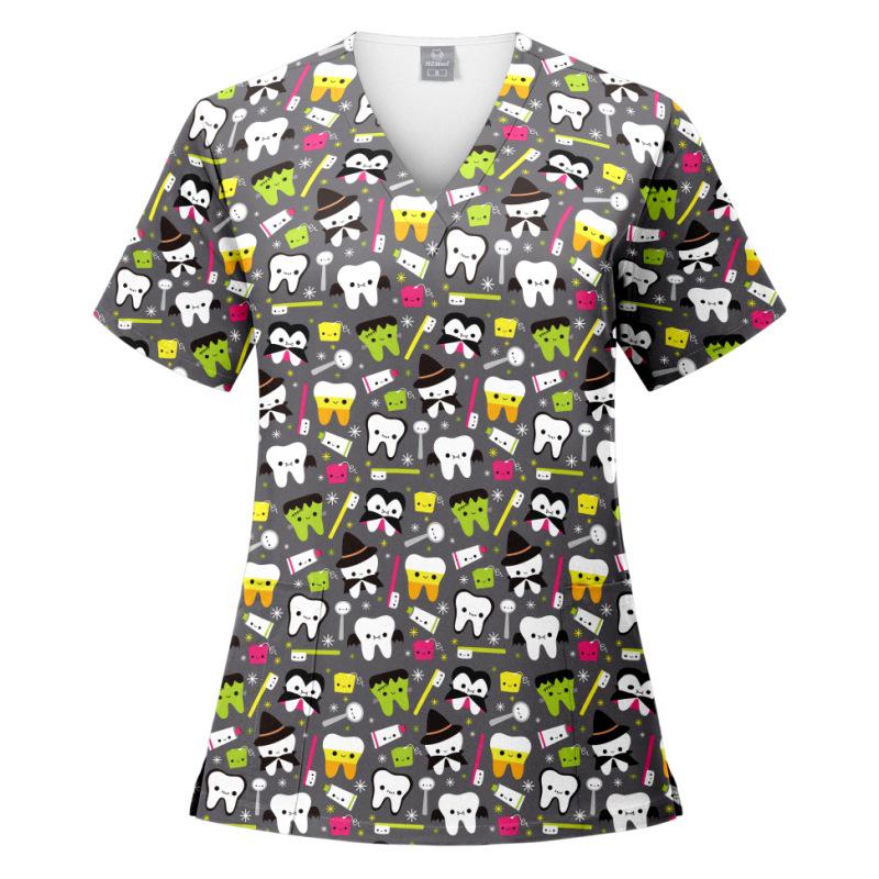 V-Neck Short Sleeve Printed Scrub Suit for Dental Clinics and Hospitals