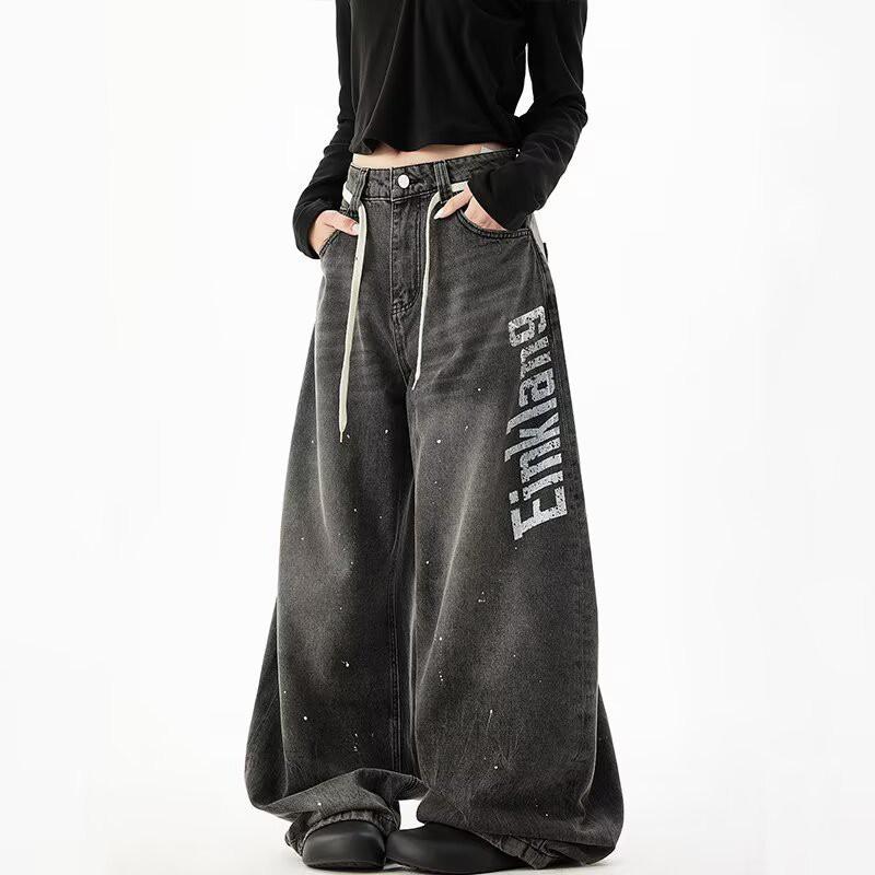 2026 Embroidered Denim Pants Loose Fit High Street Style Wide Leg Jeans Teens