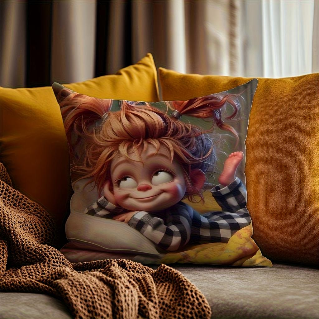2D Flat- Cute Cartoon Pippi Longstocking Style Girl Throw Pillow Cover Cozy Home Decor Cushion Case for Bedroom Living Room Sofa