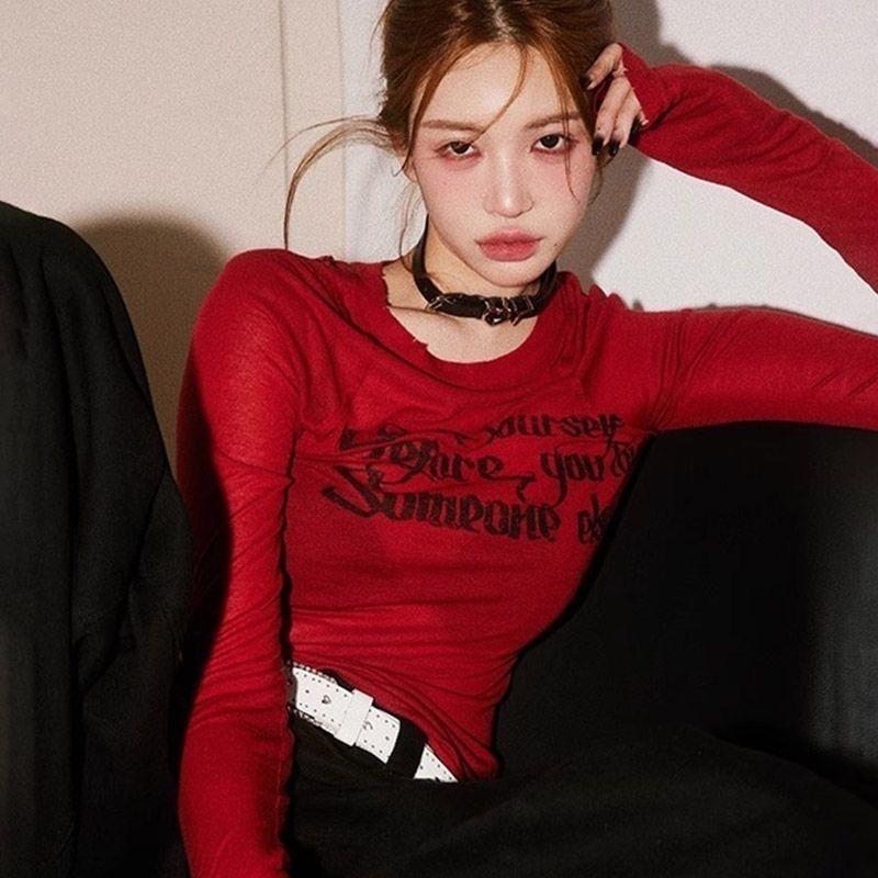Grunge Aesthetics Letter Print T-shirt Trashy 2000s Style Long Sleeve Red T Shirt Japanese Y2k Distressed Tops American