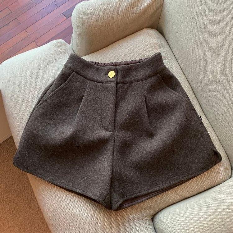 Women's Elastic High Waist Wide Leg Woolen Pants with Slimming Slit, Autumn/Winter Loose Fit.