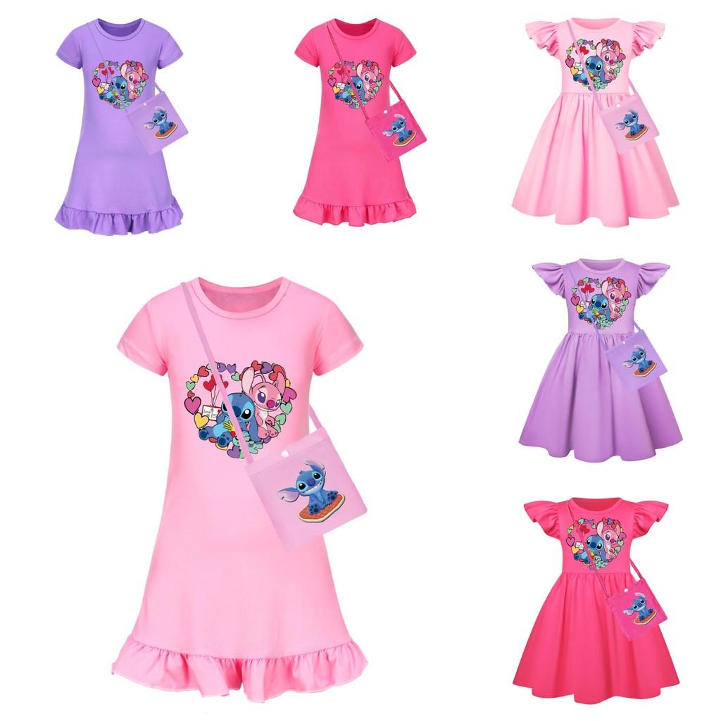 Girl Stitch Pattern Short Sleeve Nightdress With Ruffle Hem For Kids Fashion