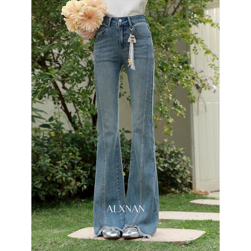 Luxiangnan Women s Blue High-Waist Straight Raw-Hem Flare Jeans L