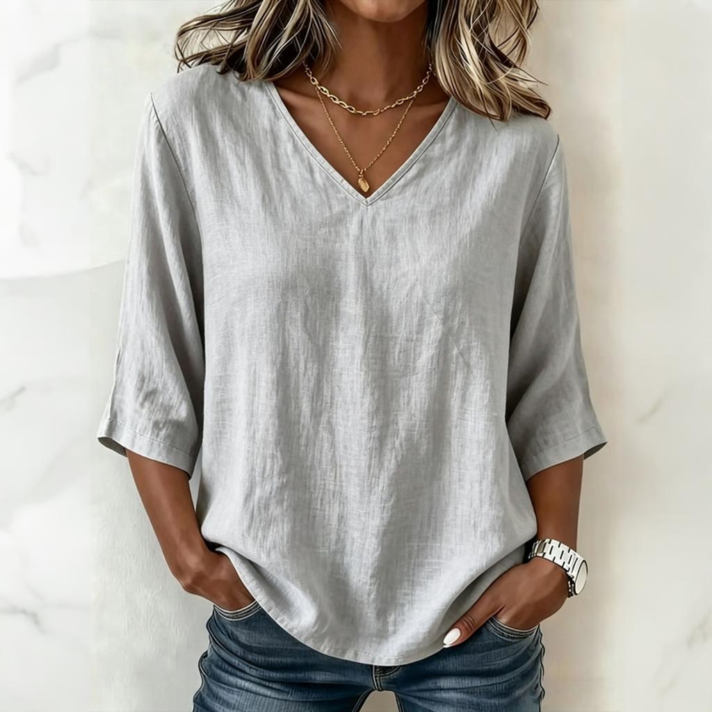 Women Loose Fit V Neck Top Mid Sleeve Relaxed Style Lightweight Jersey Cotton Casual Shirt for Everyday Wear