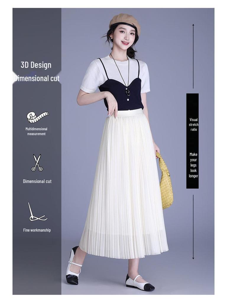 Solid Color High-Waisted Mesh Midi Skirt with Elastic Waist and Lurex Drape
